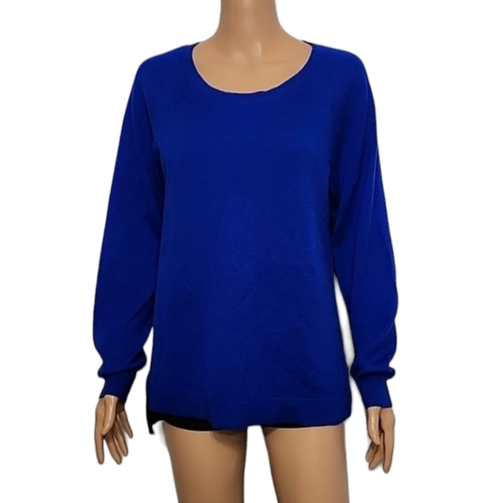 Calvin Klein Womens Sweater Blue Black ColorBlock‎ Jewel Neck Wool Blend  Size L